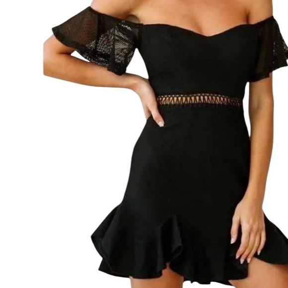 Hello Molly Dresses & Skirts - HELLO MOLLY Black Mesh Sweetheart Neckline Ruffle Hem Off Shoulder Mini Dress